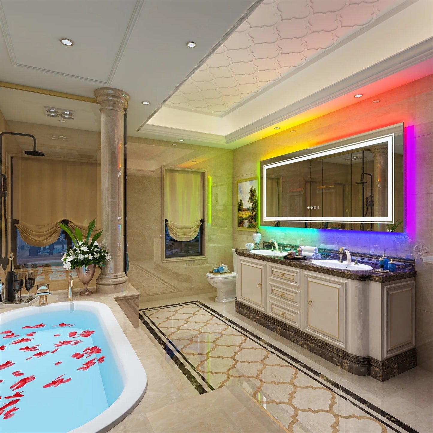 Large Rectangle Glitzy RGB Double Light LED Bathroom Mirror RGB Color Changing Backlight, Dimmable, Anti-Fog, and Shatterproof