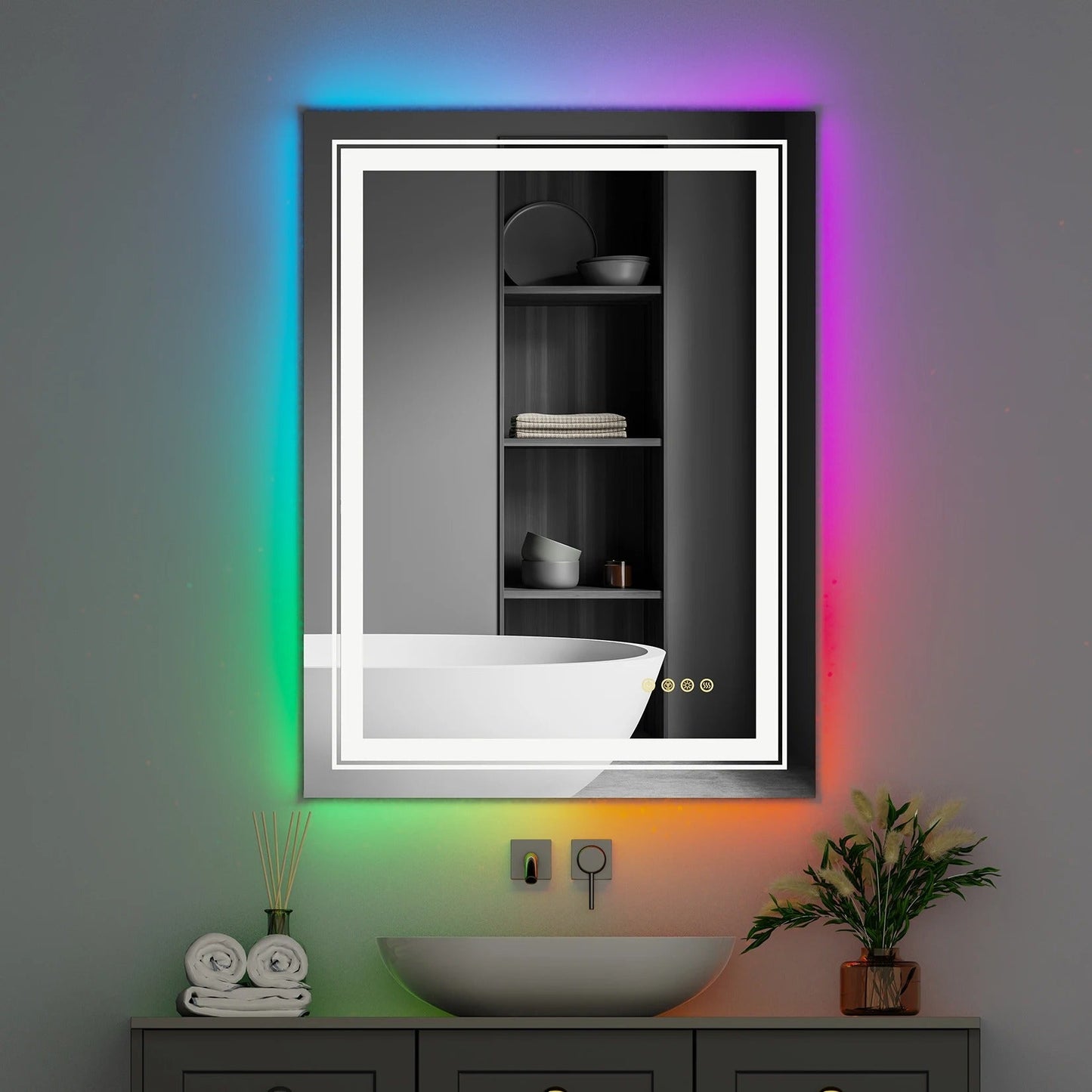 Large Rectangle Glitzy RGB Double Light LED Bathroom Mirror RGB Color Changing Backlight, Dimmable, Anti-Fog, and Shatterproof