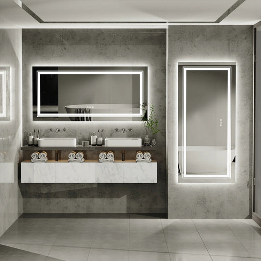 Multiple Size Extra Large Rectangle Double Lights LED Bathroom Mirror Illuminated Dimmable Vanity Mirror with Anti-Fog, 3 Color