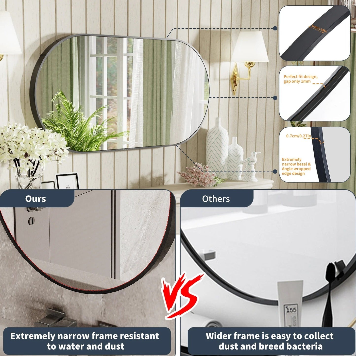 50X100cm Arched Oval Black Decorate Mirror Metal Frame for Bathroom, Entryway, Living Room Vertical & Horizontal Hang