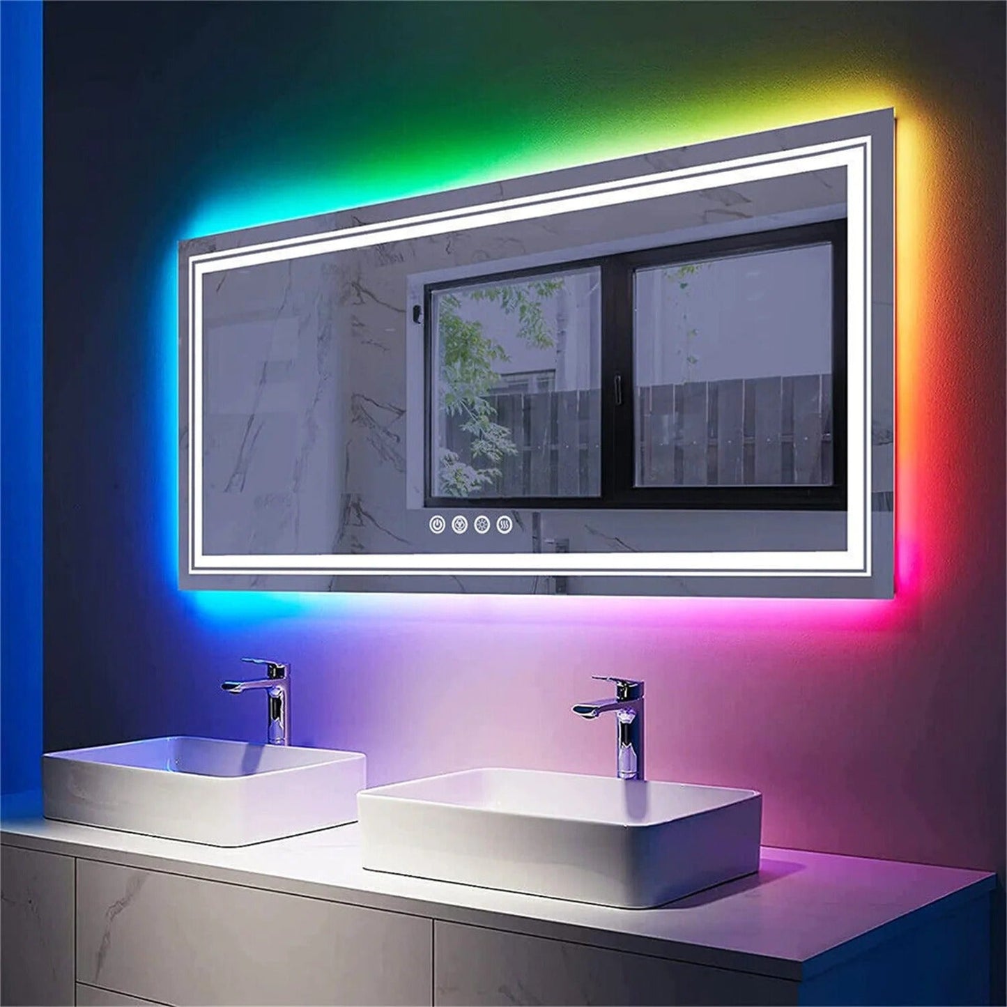 Large Rectangle Glitzy RGB Double Light LED Bathroom Mirror RGB Color Changing Backlight, Dimmable, Anti-Fog, and Shatterproof
