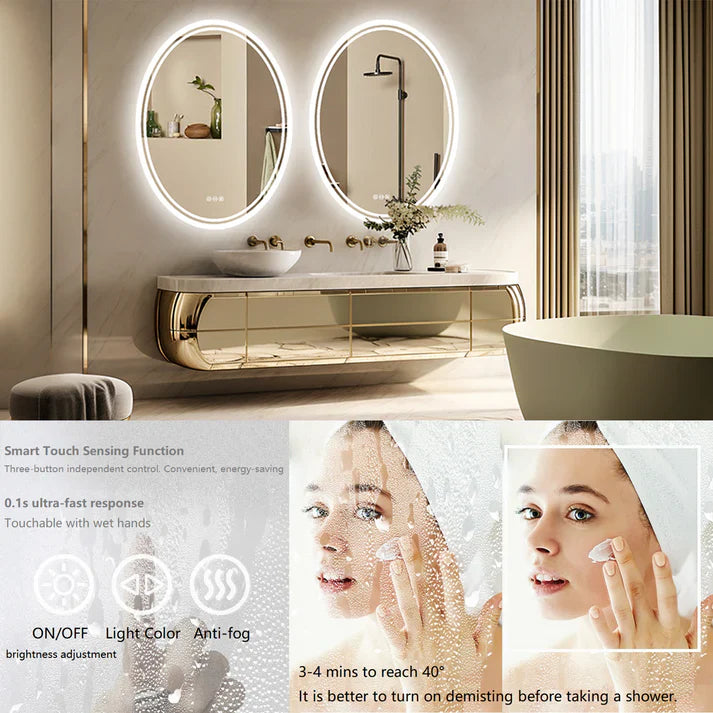 Oval Backlit Light LED Makeup Bathroom Mirror or Wall Mounted, Vanity Mirror Frameless ,Anti-Fog