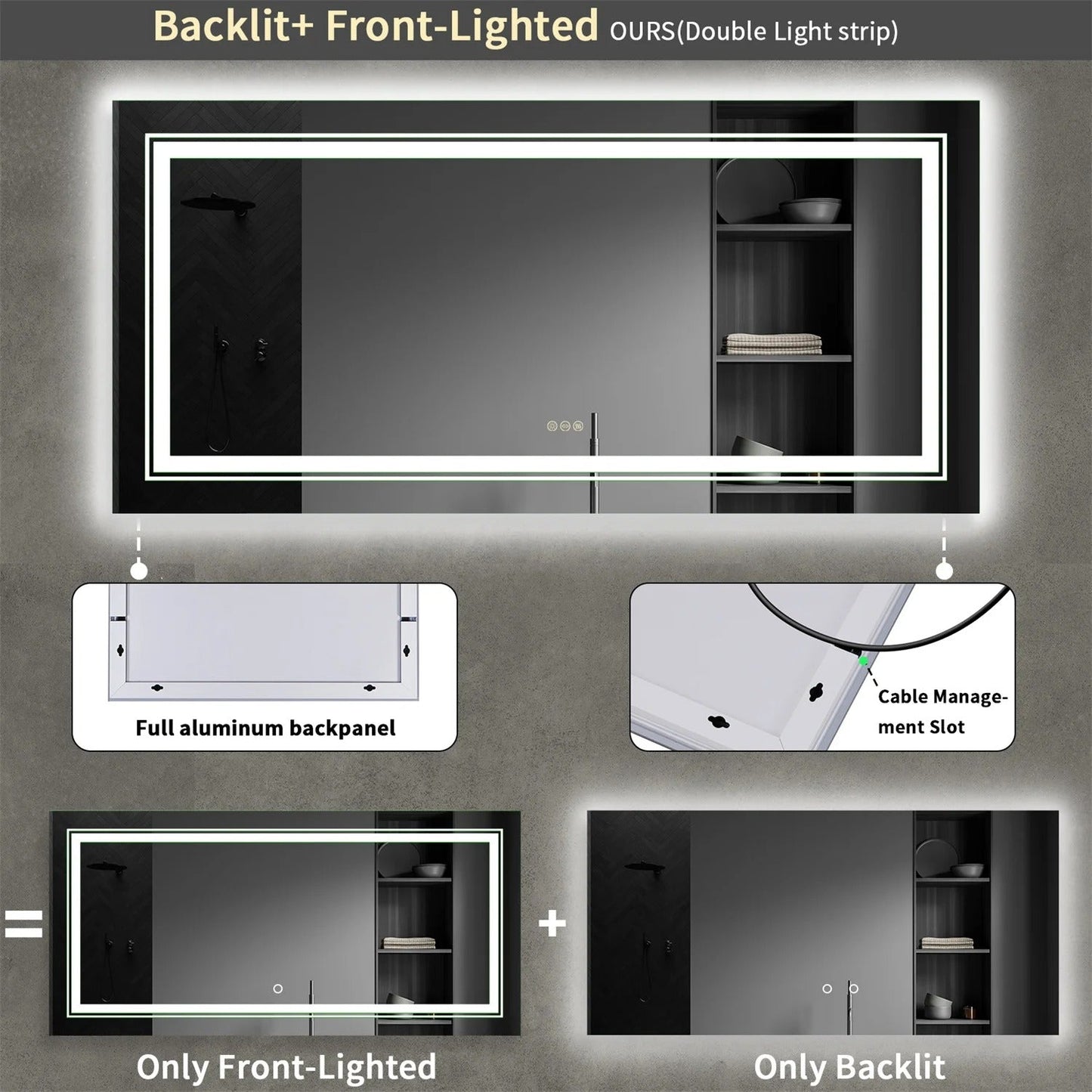 Extra Large rectangle LED Double Light Bathroom Mirror Dual Lights Anti-Fog Memory 3 Colors Dimmable