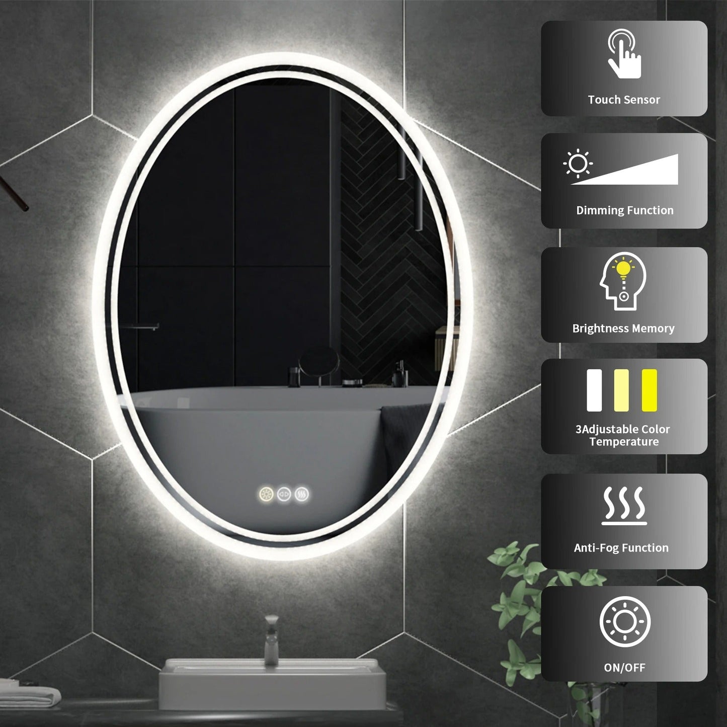 Oval Backlit Light LED Makeup Bathroom Mirror or Wall Mounted, Vanity Mirror Frameless ,Anti-Fog