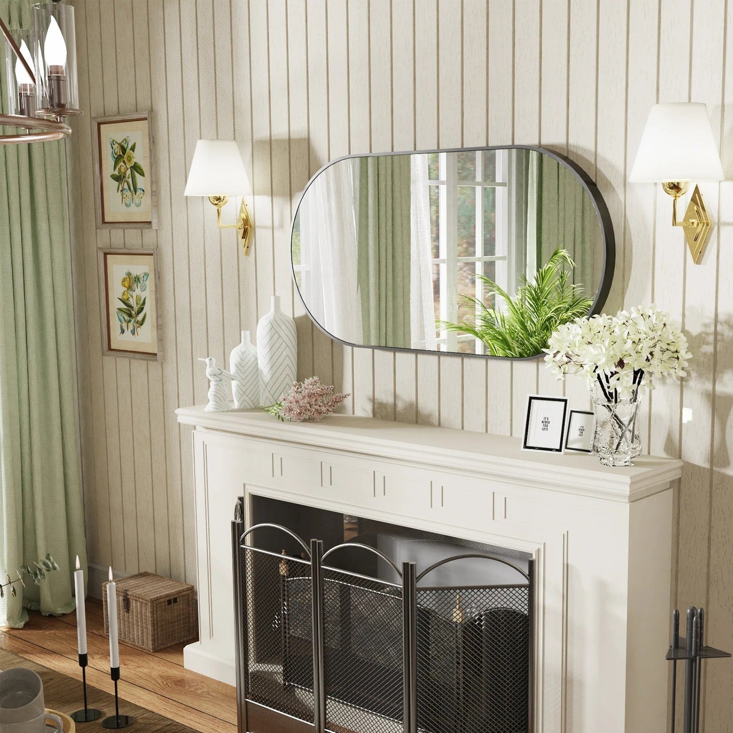 50X100cm Arched Oval Black Decorate Mirror Metal Frame for Bathroom, Entryway, Living Room Vertical & Horizontal Hang