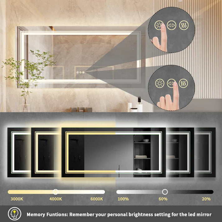 Extra Large rectangle LED Double Light Bathroom Mirror Dual Lights Anti-Fog Memory 3 Colors Dimmable