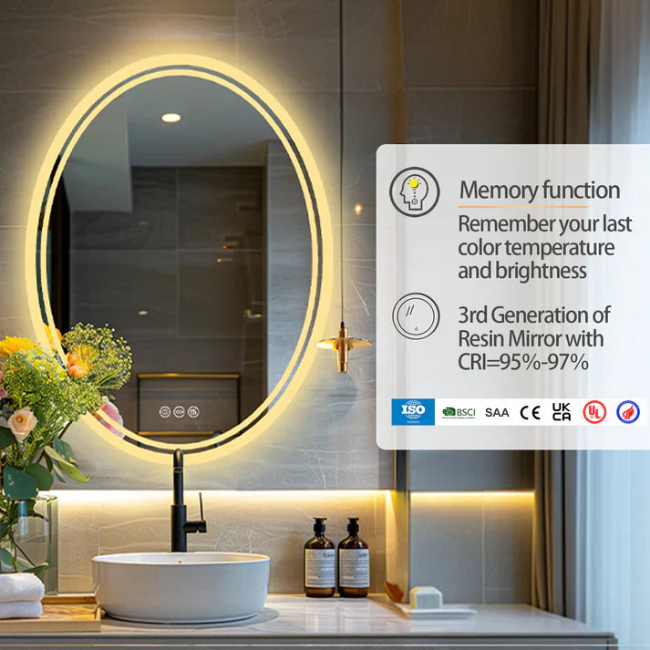 Oval Backlit Light LED Makeup Bathroom Mirror or Wall Mounted, Vanity Mirror Frameless ,Anti-Fog