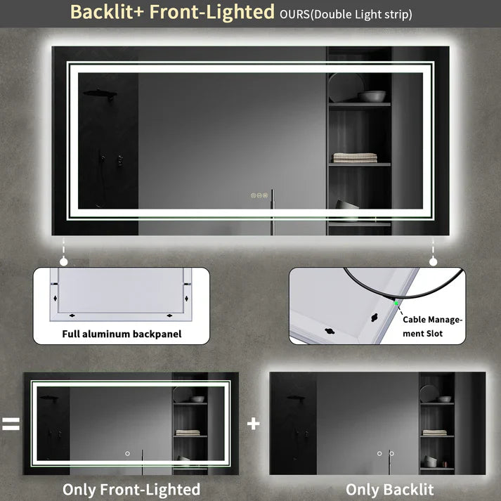 Extra Large rectangle  LED Double Light Bathroom Mirror Dual Lights Anti-Fog Memory 3 Colors Dimmable