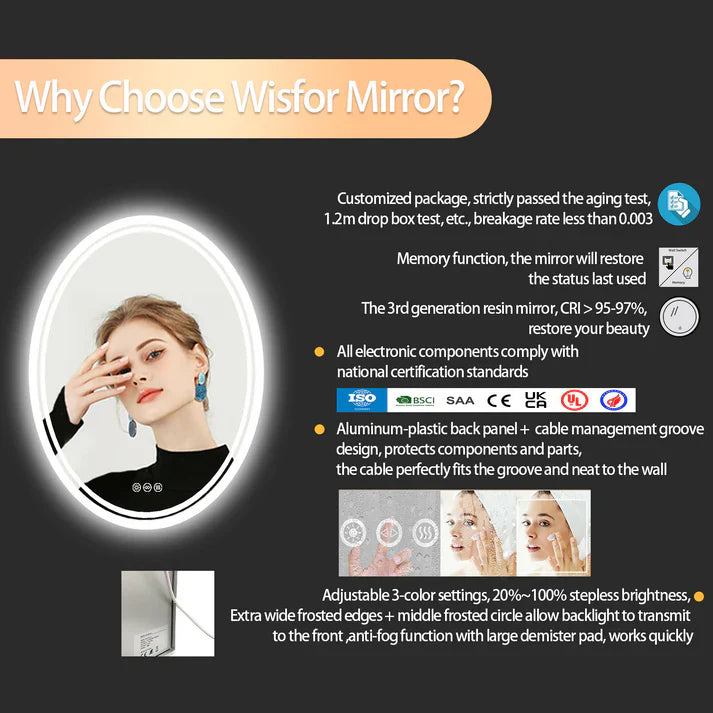 Oval Backlit Light LED Makeup Bathroom Mirror or Wall Mounted, Vanity Mirror Frameless ,Anti-Fog