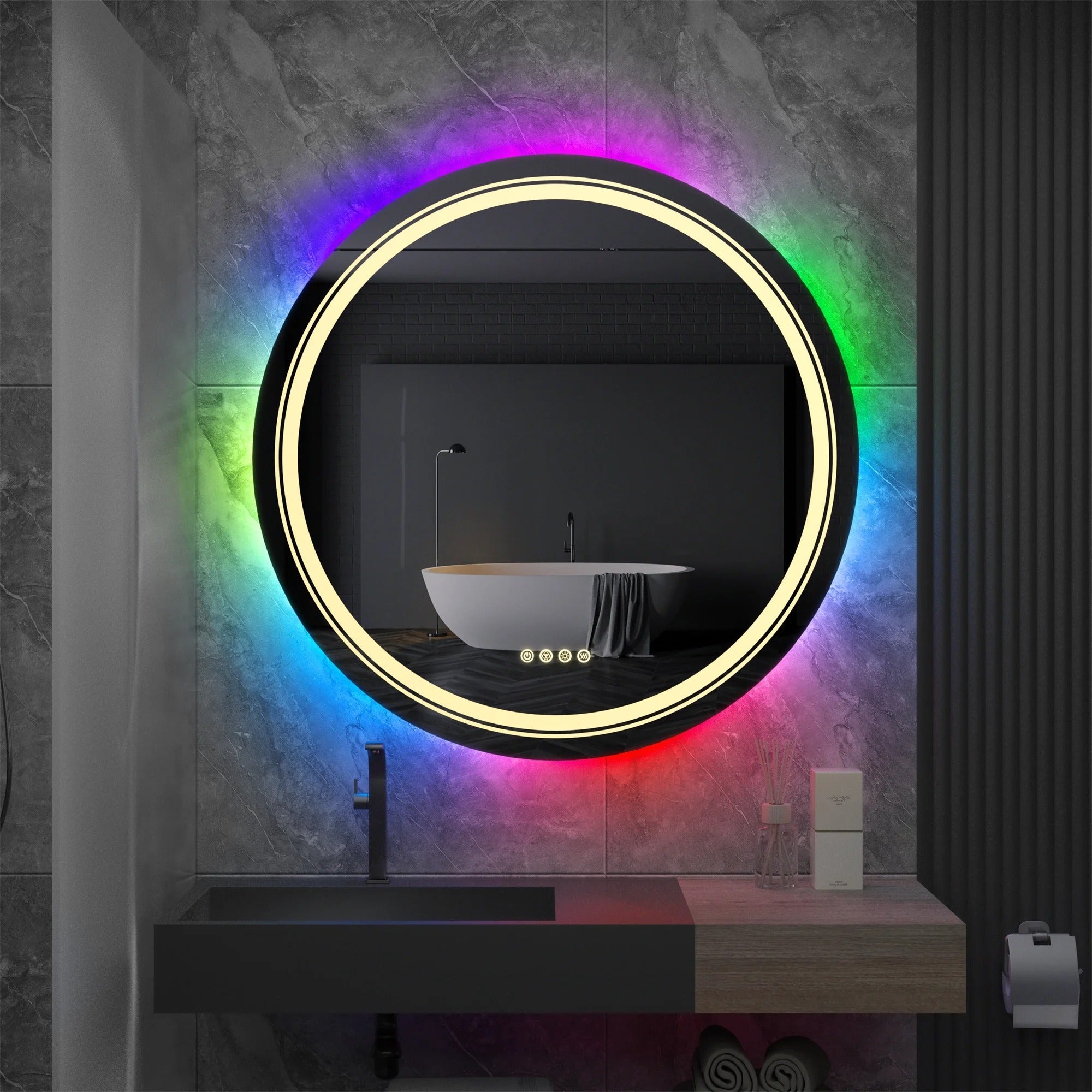 Round Glitzy RGB Double Light LED Bathroom Mirror RGB Color Changing D ...