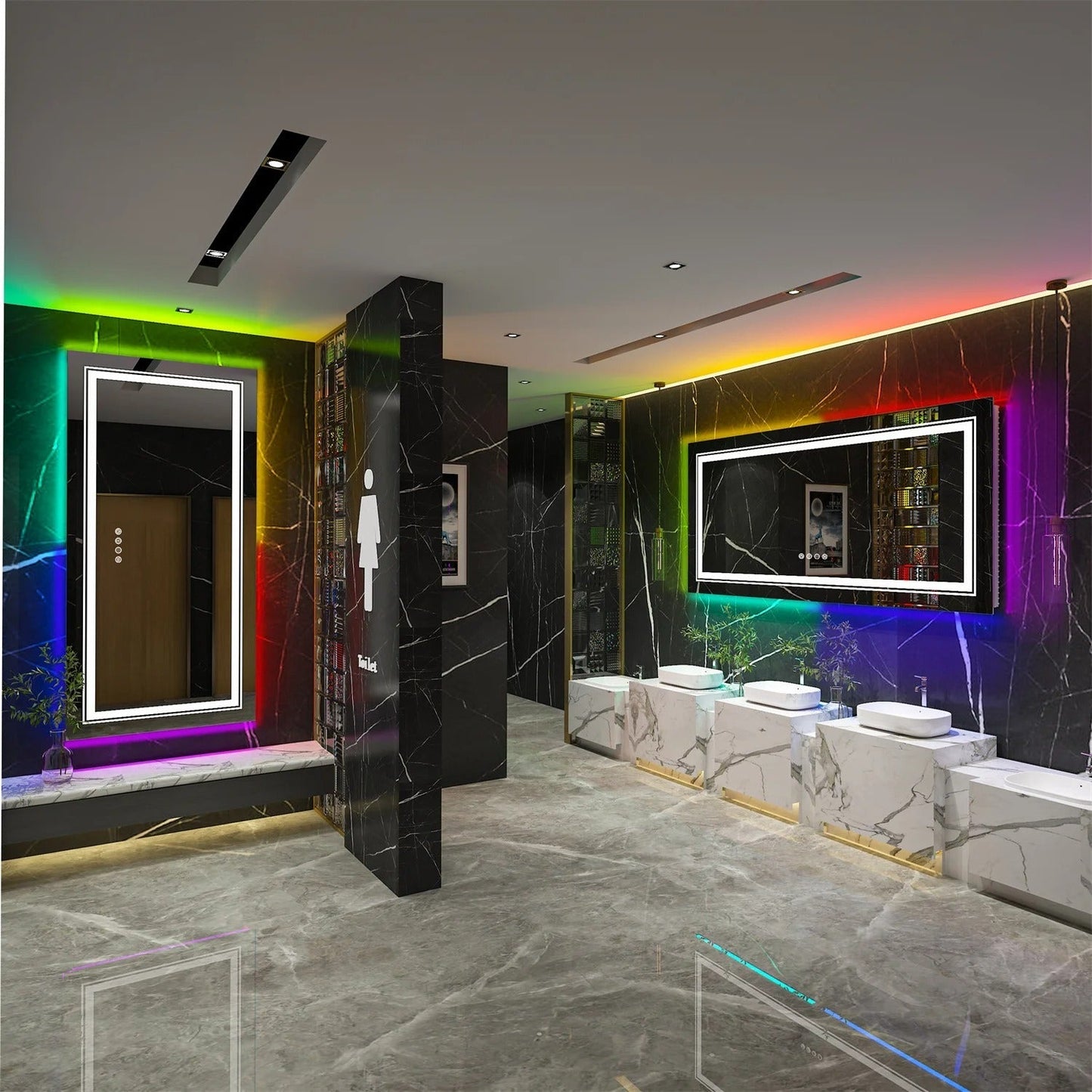 Large Rectangle Glitzy RGB Double Light LED Bathroom Mirror RGB Color Changing Backlight, Dimmable, Anti-Fog, and Shatterproof