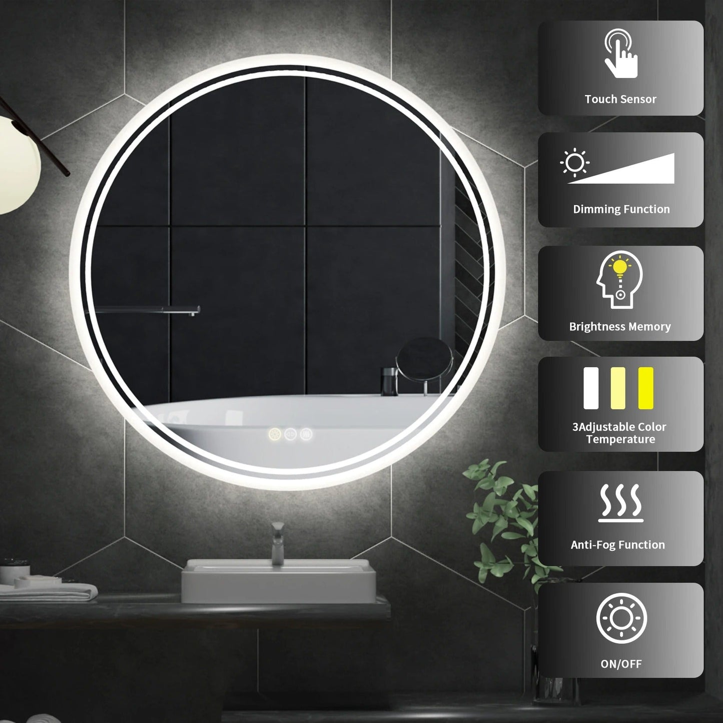 Round Backlit Light Bathroom Smart Mirror,Wall Mounted, Anti-Fog, 3 Color Settings