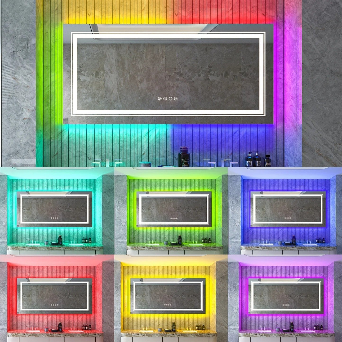Large Rectangle Glitzy RGB Double Light LED Bathroom Mirror RGB Color Changing Backlight, Dimmable, Anti-Fog, and Shatterproof
