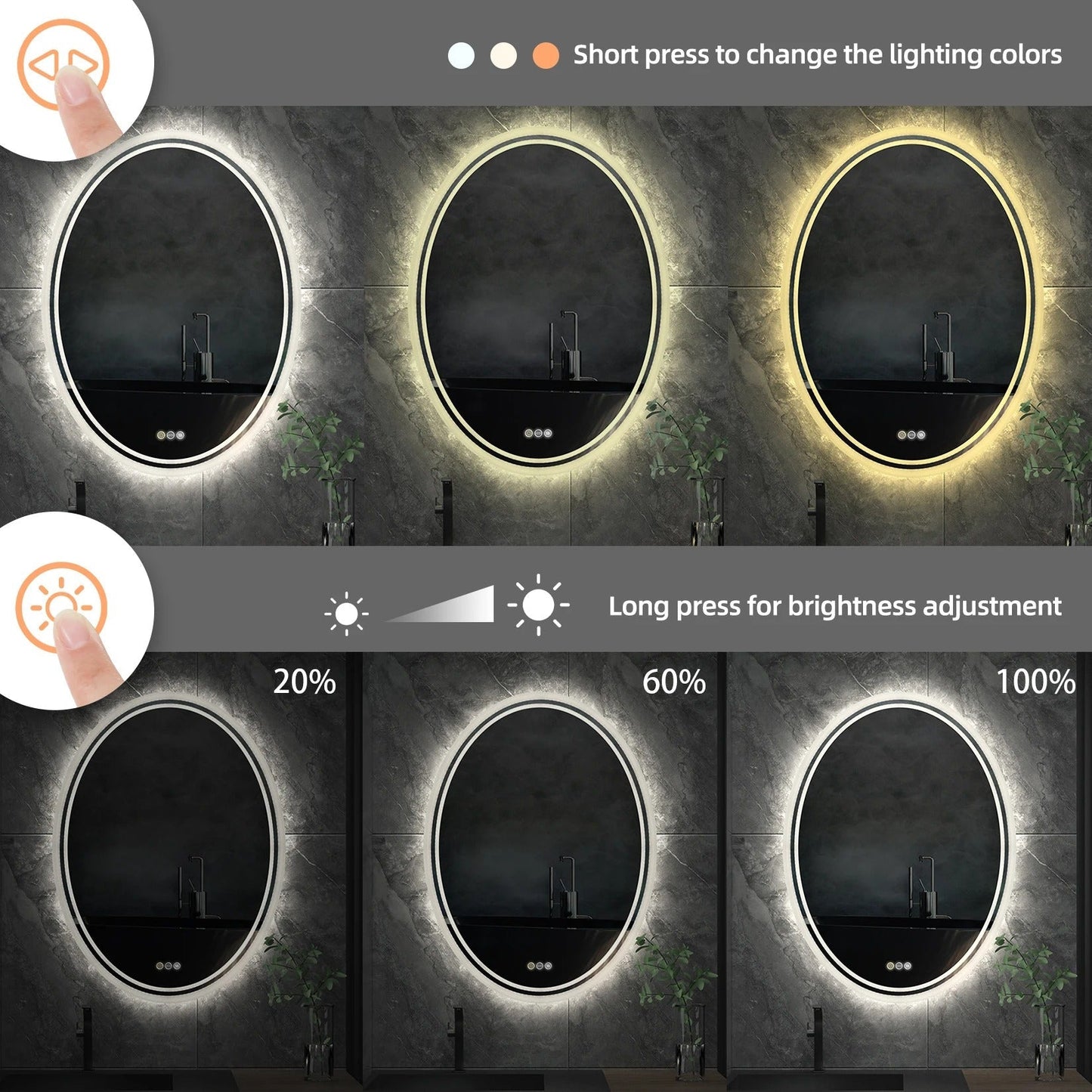 Oval Backlit Light LED Makeup Bathroom Mirror or Wall Mounted, Vanity Mirror Frameless ,Anti-Fog