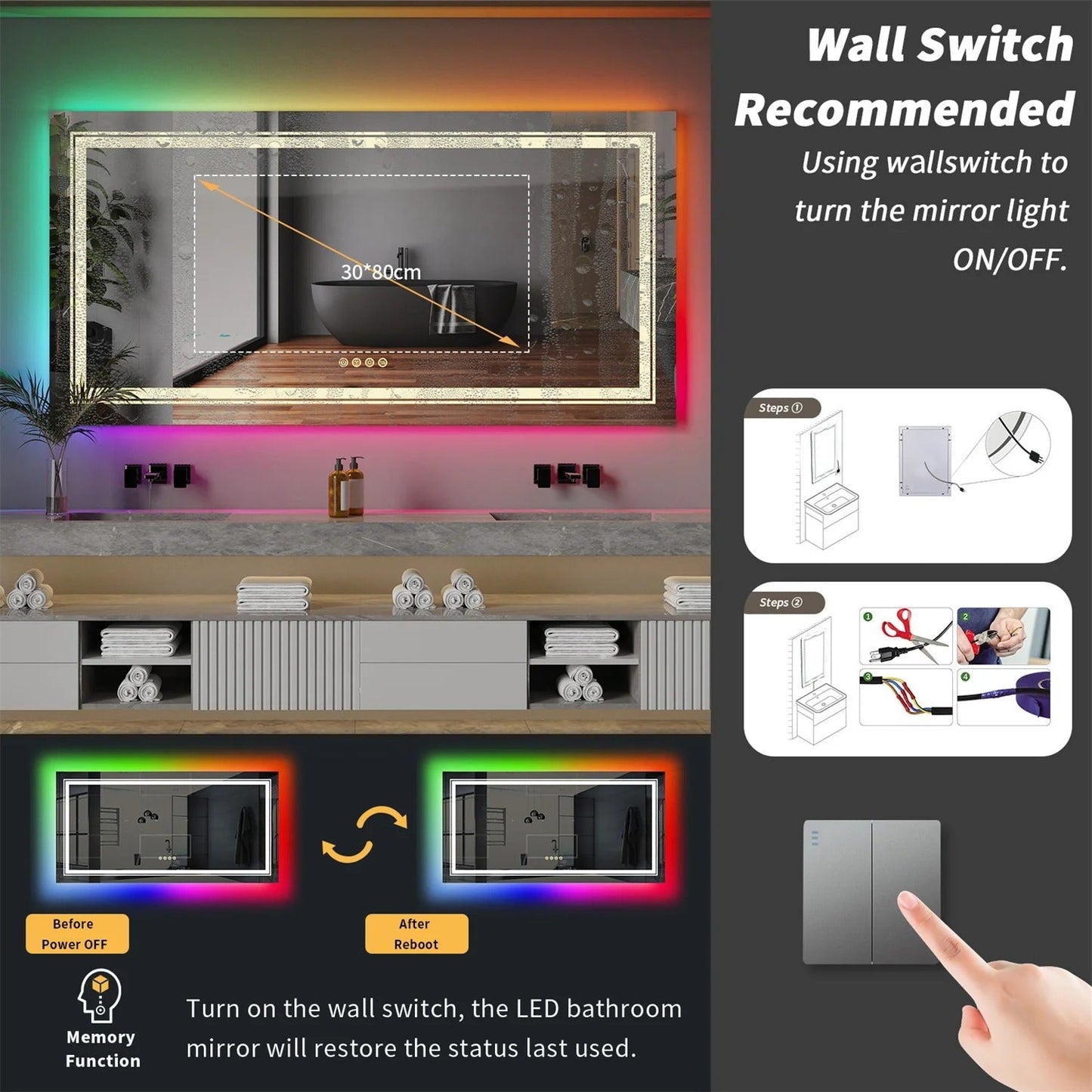 Large Rectangle Glitzy RGB Double Light LED Bathroom Mirror RGB Color Changing Backlight, Dimmable, Anti-Fog, and Shatterproof