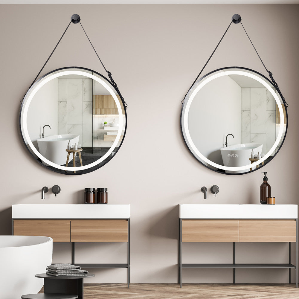 Black Frame Round Mirror,Bathroom Mirror with Front Light,Wall Mounted Lighted Vanity Mirror, Anti-Fog & Dimmable Touch Switch