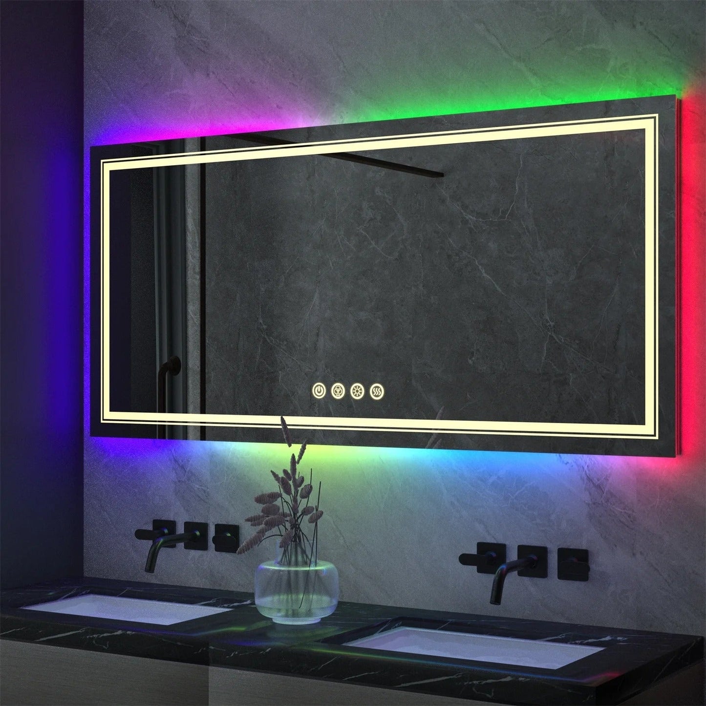 Large Rectangle Glitzy RGB Double Light LED Bathroom Mirror RGB Color Changing Backlight, Dimmable, Anti-Fog, and Shatterproof