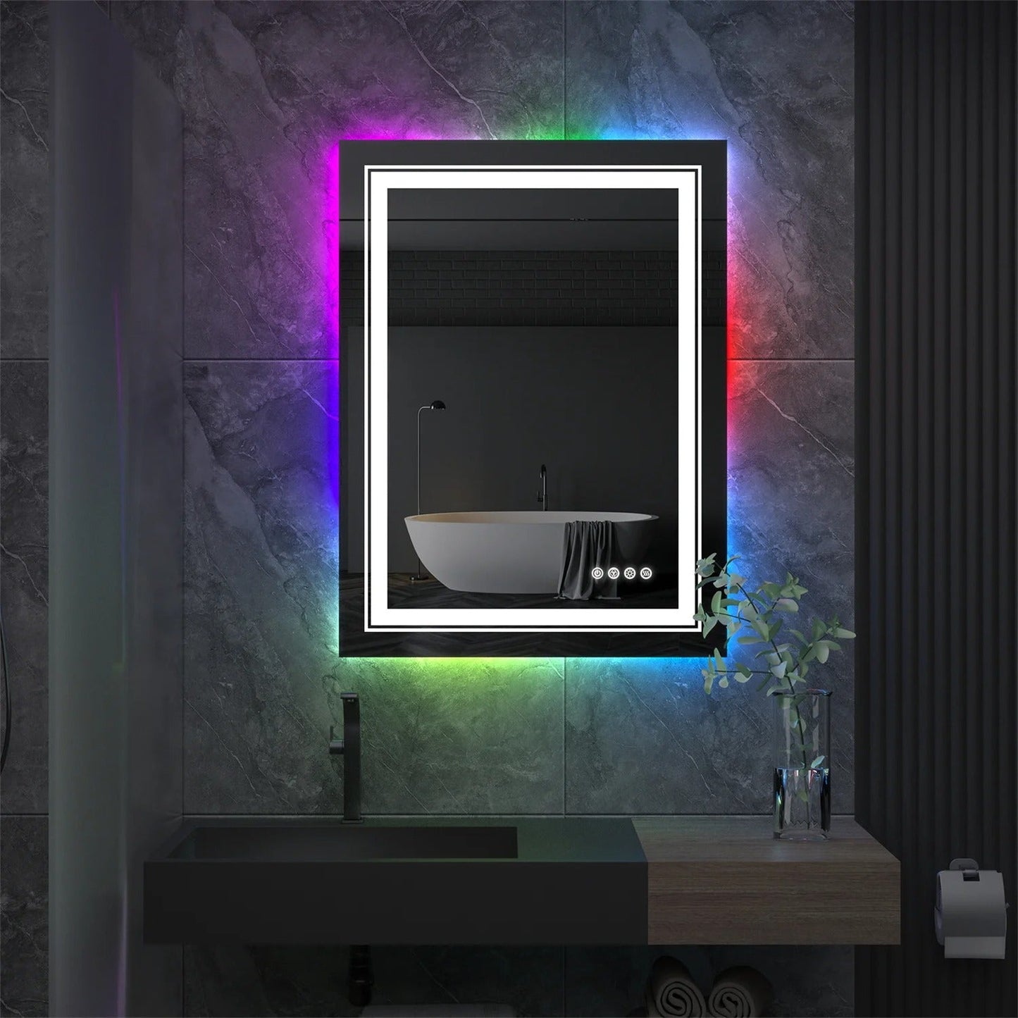 Large Rectangle Glitzy RGB Double Light LED Bathroom Mirror RGB Color Changing Backlight, Dimmable, Anti-Fog, and Shatterproof
