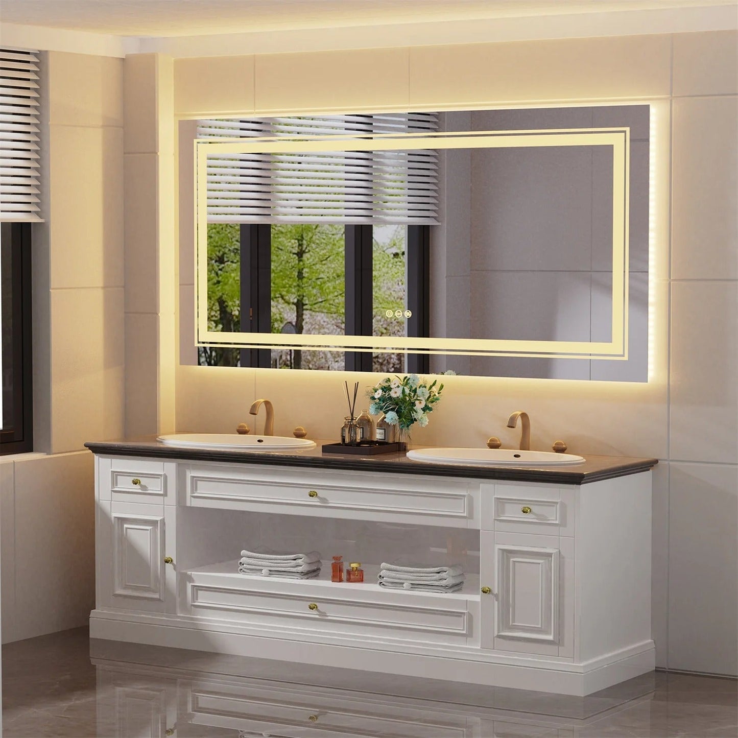 Extra Large rectangle LED Double Light Bathroom Mirror Dual Lights Anti-Fog Memory 3 Colors Dimmable
