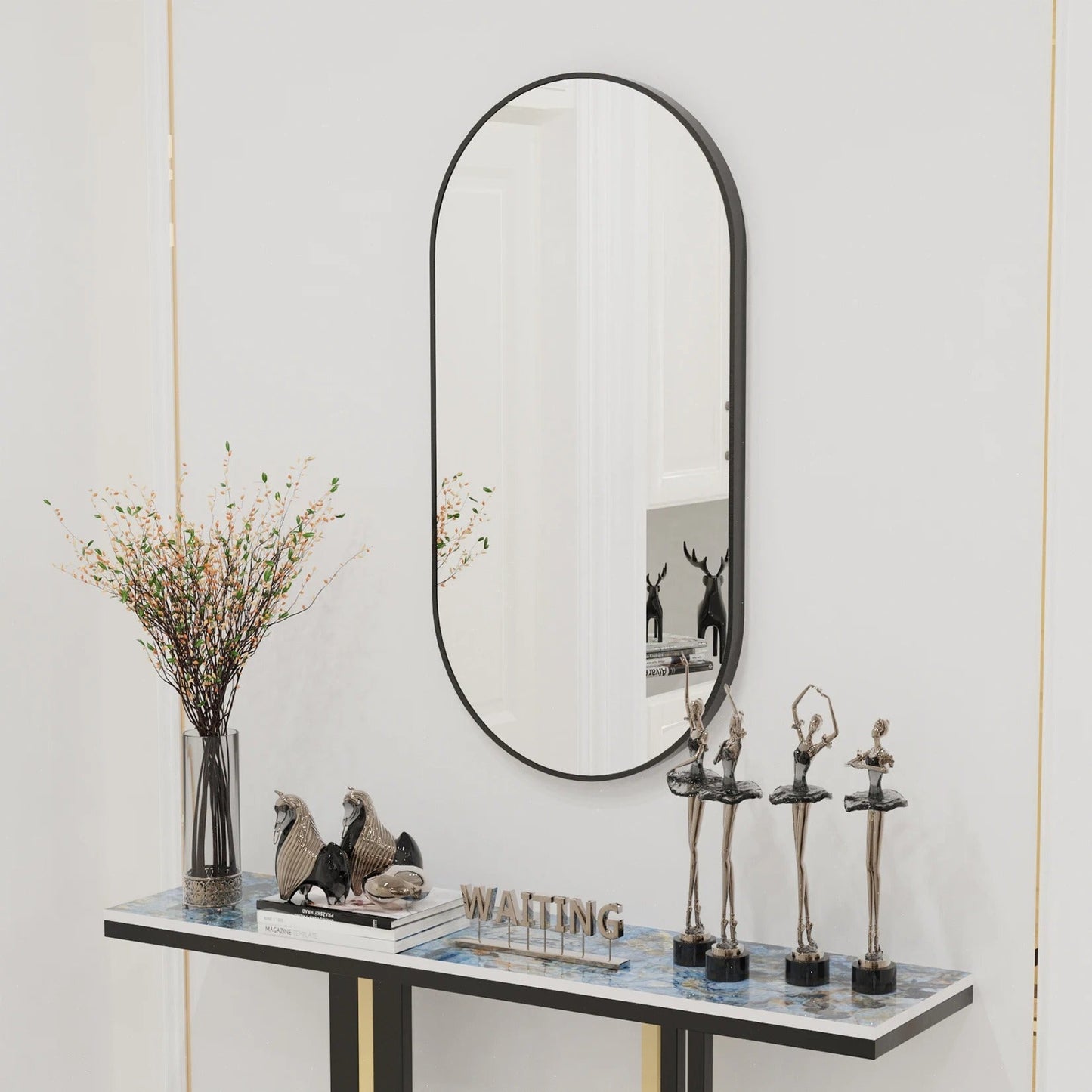 50X100cm Arched Oval Black Decorate Mirror Metal Frame for Bathroom, Entryway, Living Room Vertical & Horizontal Hang