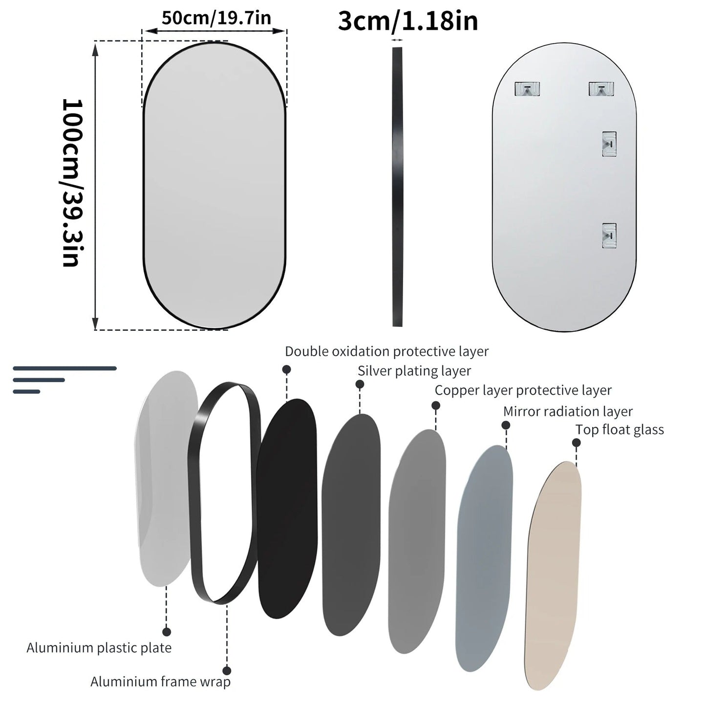 50X100cm Arched Oval Black Decorate Mirror Metal Frame for Bathroom, Entryway, Living Room Vertical & Horizontal Hang