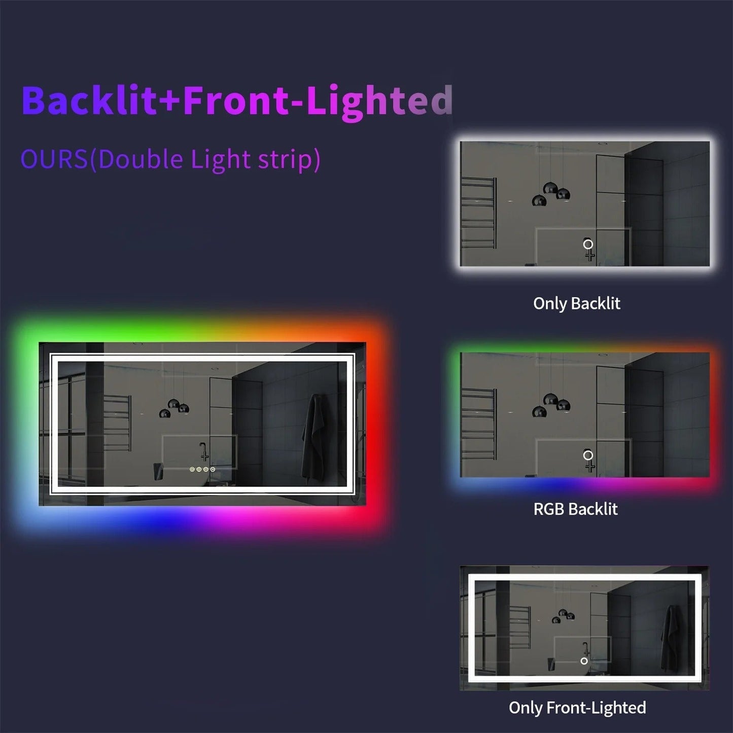 Large Rectangle Glitzy RGB Double Light LED Bathroom Mirror RGB Color Changing Backlight, Dimmable, Anti-Fog, and Shatterproof