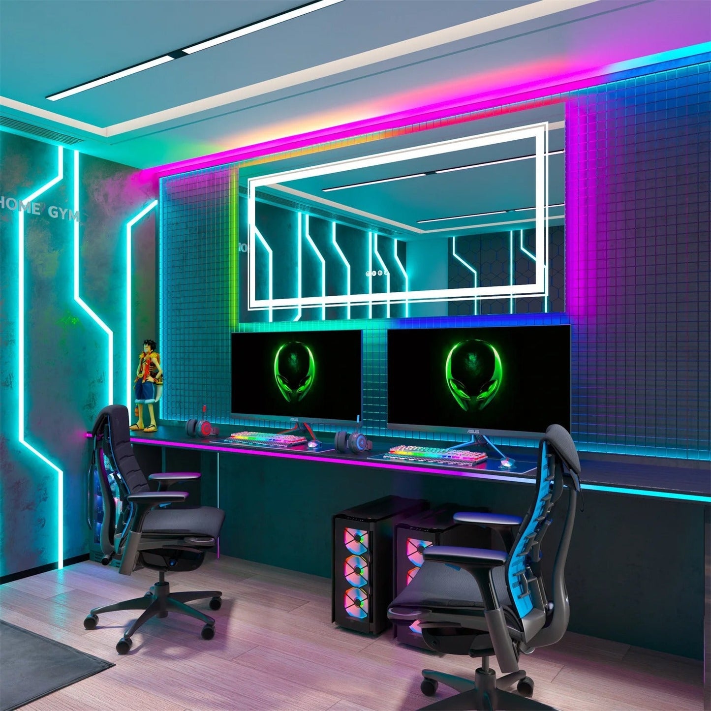 Large Rectangle Glitzy RGB Double Light LED Bathroom Mirror RGB Color Changing Backlight, Dimmable, Anti-Fog, and Shatterproof