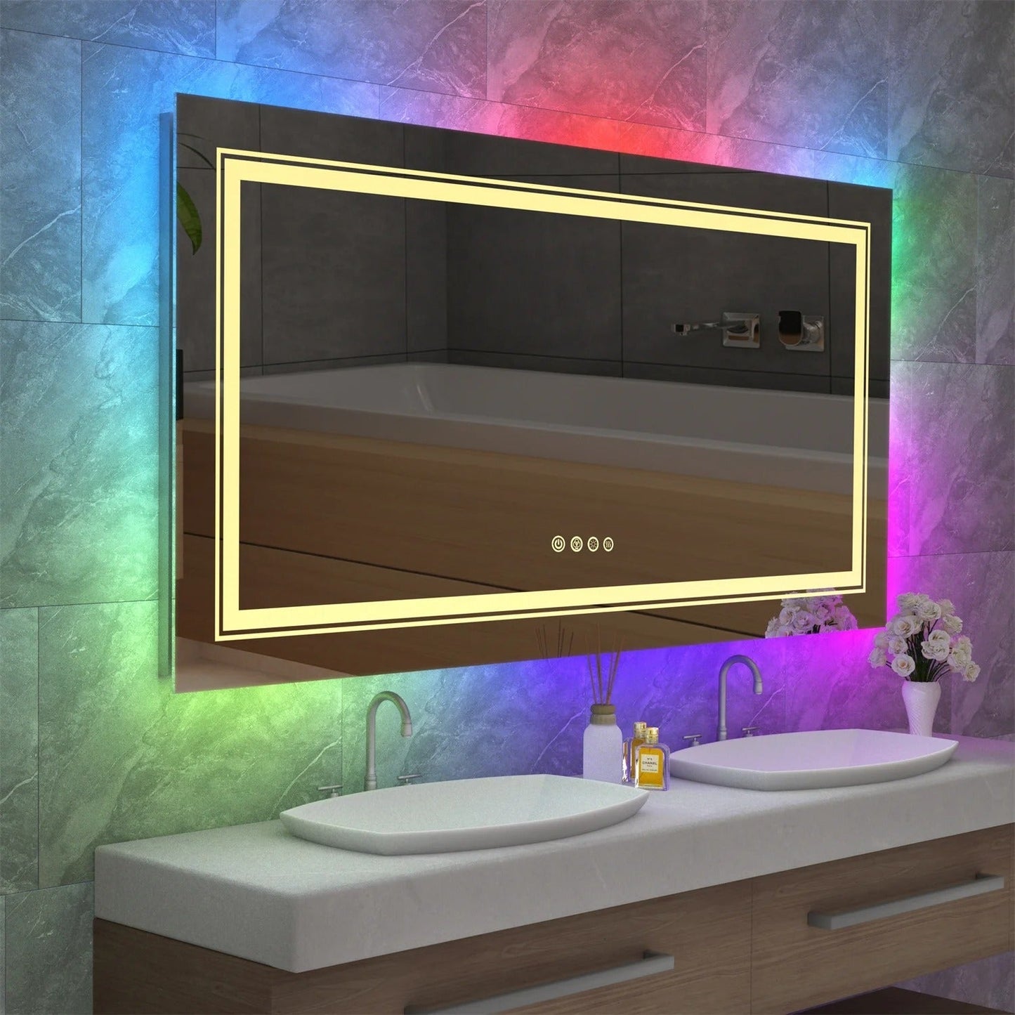 Large Rectangle Glitzy RGB Double Light LED Bathroom Mirror RGB Color Changing Backlight, Dimmable, Anti-Fog, and Shatterproof