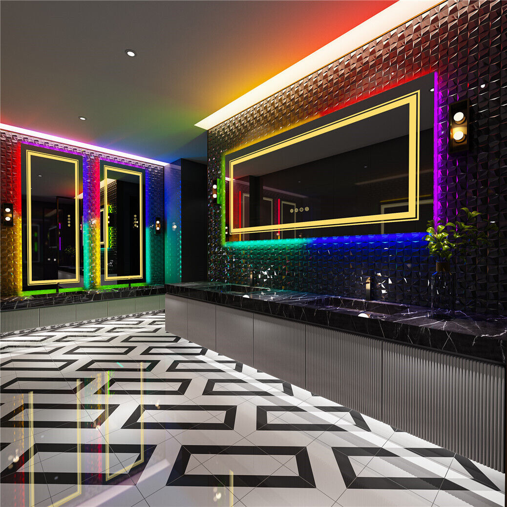 Large Rectangle Glitzy RGB Double Light LED Bathroom Mirror RGB Color Changing Backlight, Dimmable, Anti-Fog, and Shatterproof
