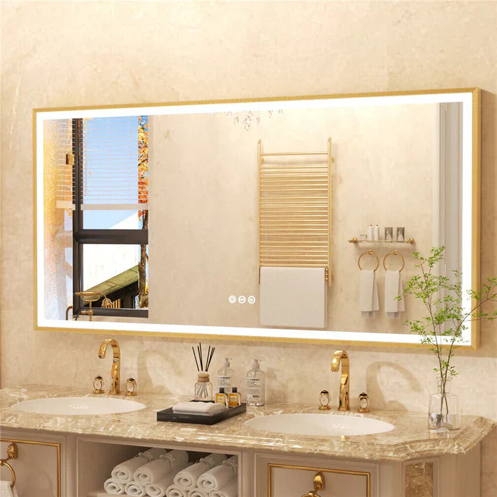 Extra Large Rectangle Gold Aluminum Framed Frontlit LED Bathroom Mirror