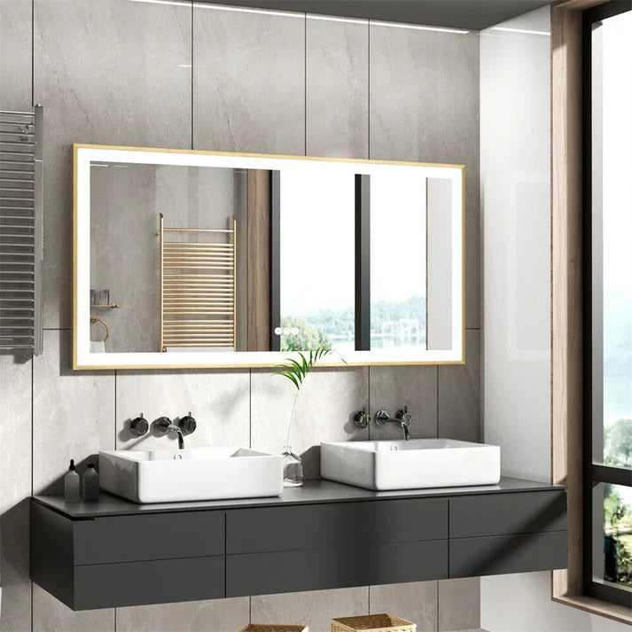 Extra Large Rectangle Gold Aluminum Framed Frontlit LED Bathroom Mirror