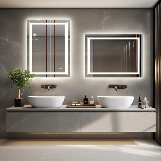 Rectangle Double Light  LED Illuminated Smart Mirror Bathroom Makeup Mirror with Dimmable Anti-Fog