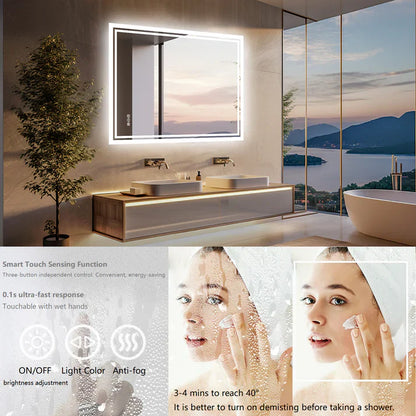 Rectangle Backlit Large LED Bathroom Vanity Mirror, Dimmable, Touch Control, Waterproof