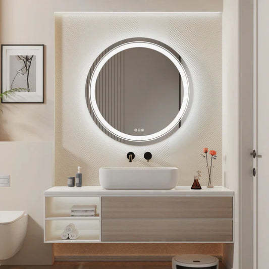 Round Double Lights LED Bathroom Smart Make up Mirror Dimmable, Anti-Fog Circle Wall Mounted Mirror
