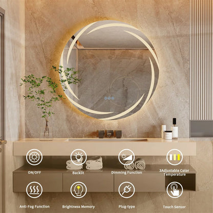 HaloGlow Round Backlit LED Bathroom Mirror, Anti-Fog, Memory Smart LED Mirror