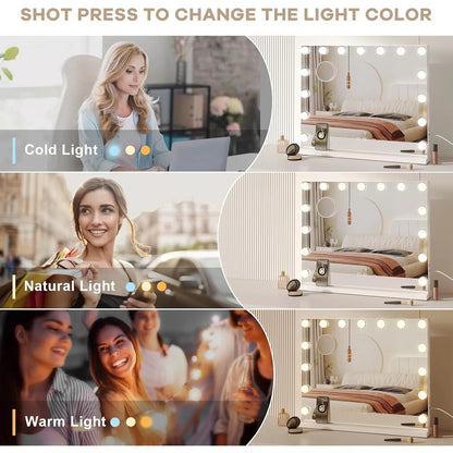 Bluetooth Speaker Hollywood Vanity Mirror with Lights – 58×45cm Large LED Makeup Mirror, 15 Dimmable Bulbs, 3 Color Modes & USB Port