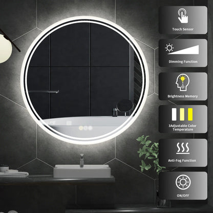 Round Backlit Light Bathroom Smart Mirror,Wall Mounted, Anti-Fog, 3 Color Settings