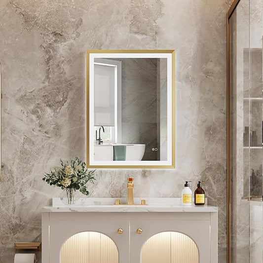 Rectangle Golden Aluminum Alloy Frame Front Light LED Smart Bathroom Illumination Mirror, Wall Mounted, Anti-Fog