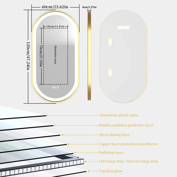 Oval Gold Aluminum Frame Frontlit LED Smart Bathroom Illumination Mirror, Wall Mounted, Anti-Fog