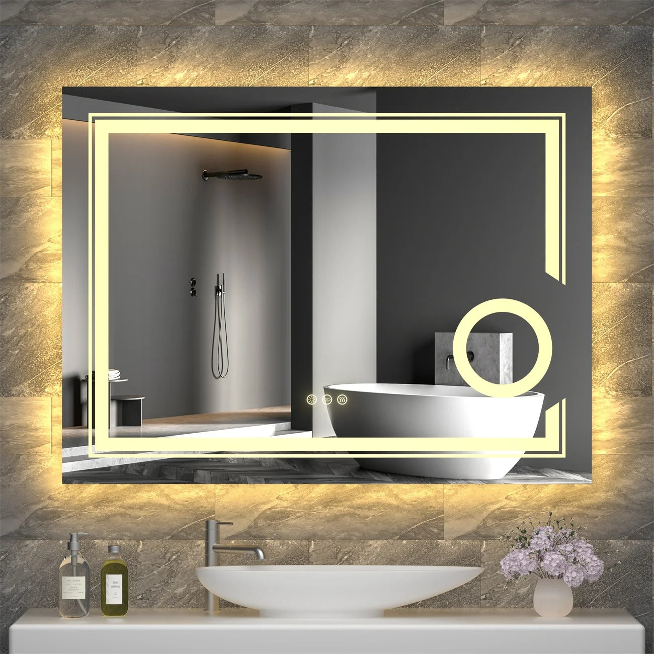 Rectangle Double lights Smart LED Smart Bathroom Mirror with 3X Magnifier
