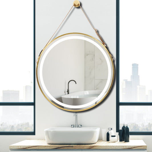 Detachable Rope Golden Frame Round Front Light LED Smart Bathroom Illumination Mirror, Wall Mounted, Anti-Fog