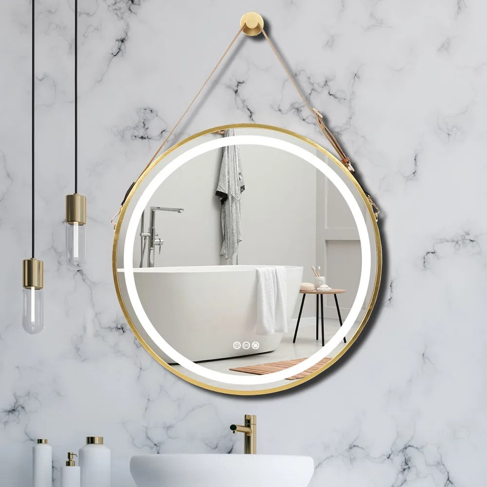 Detachable Rope Golden Frame Round,Front Light LED Smart Bathroom Illumination Mirror, Wall Mounted, Anti-Fog