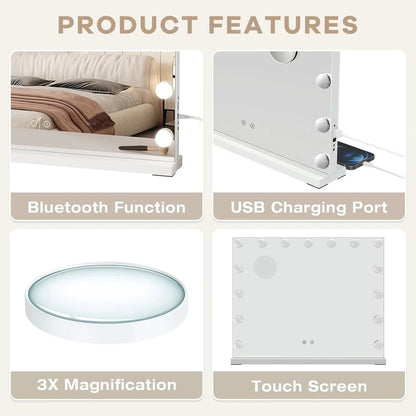 Bluetooth Speaker Hollywood Vanity Mirror with Lights – 58×45cm Large LED Makeup Mirror, 15 Dimmable Bulbs, 3 Color Modes & USB Port