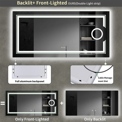 Extra Large Rectangle Double lights Smart LED Bathroom Mirror with 3X Magnifier